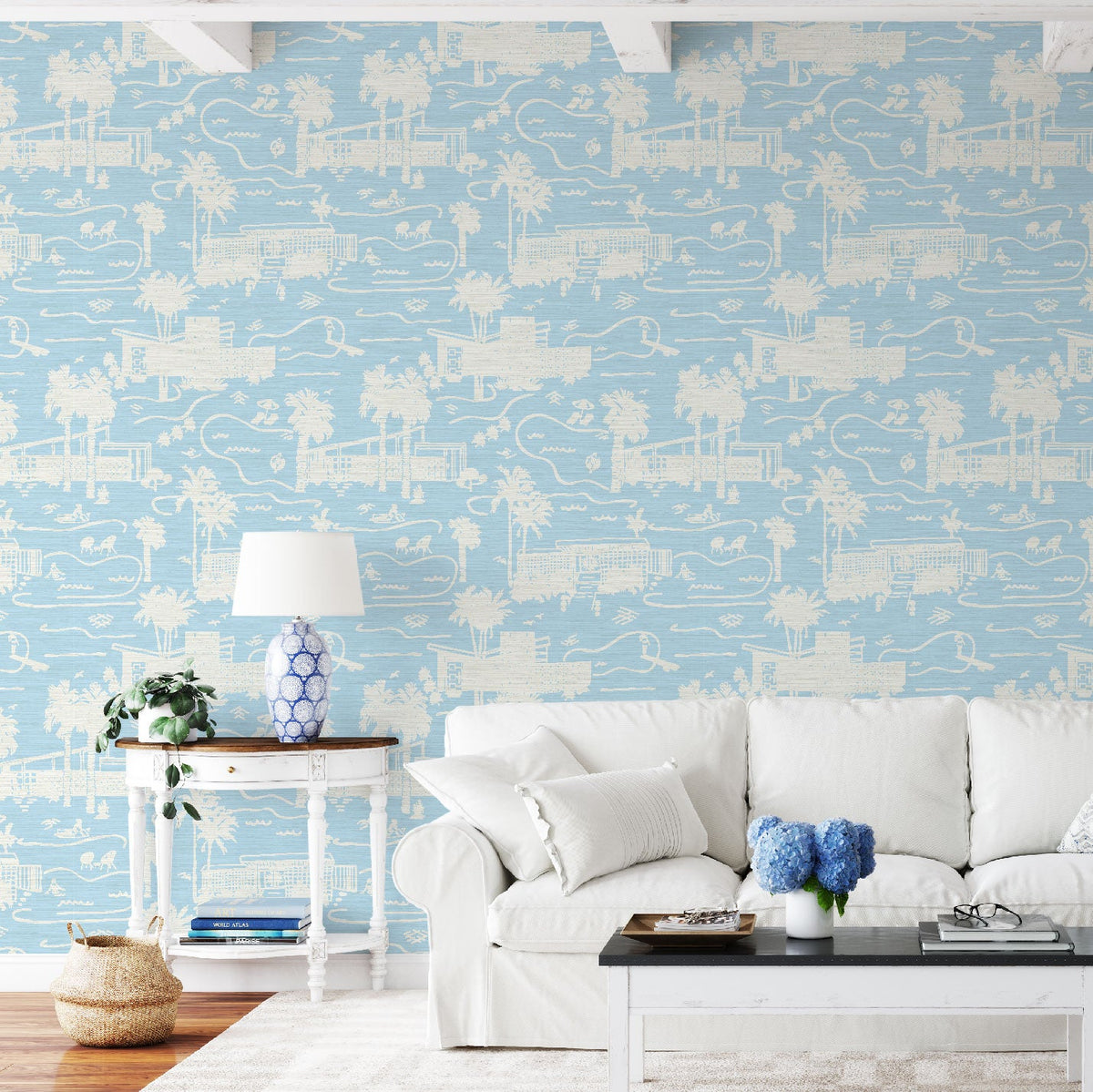 Blue toile wallpaper sales
