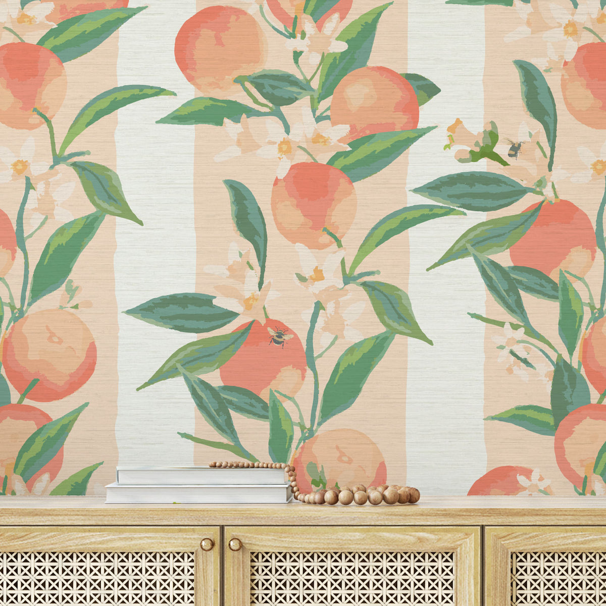 Peach Fuzz Striped Grasscloth Wallpaper by Sunday Social Club