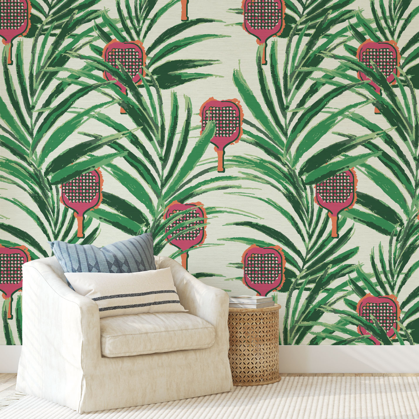 pickleball grasscloth wallpaper texture Eco-Friendly Non-toxic High-quality  Sustainable bold jungle tropical retro chic garden botanical sport vacation beach coastal