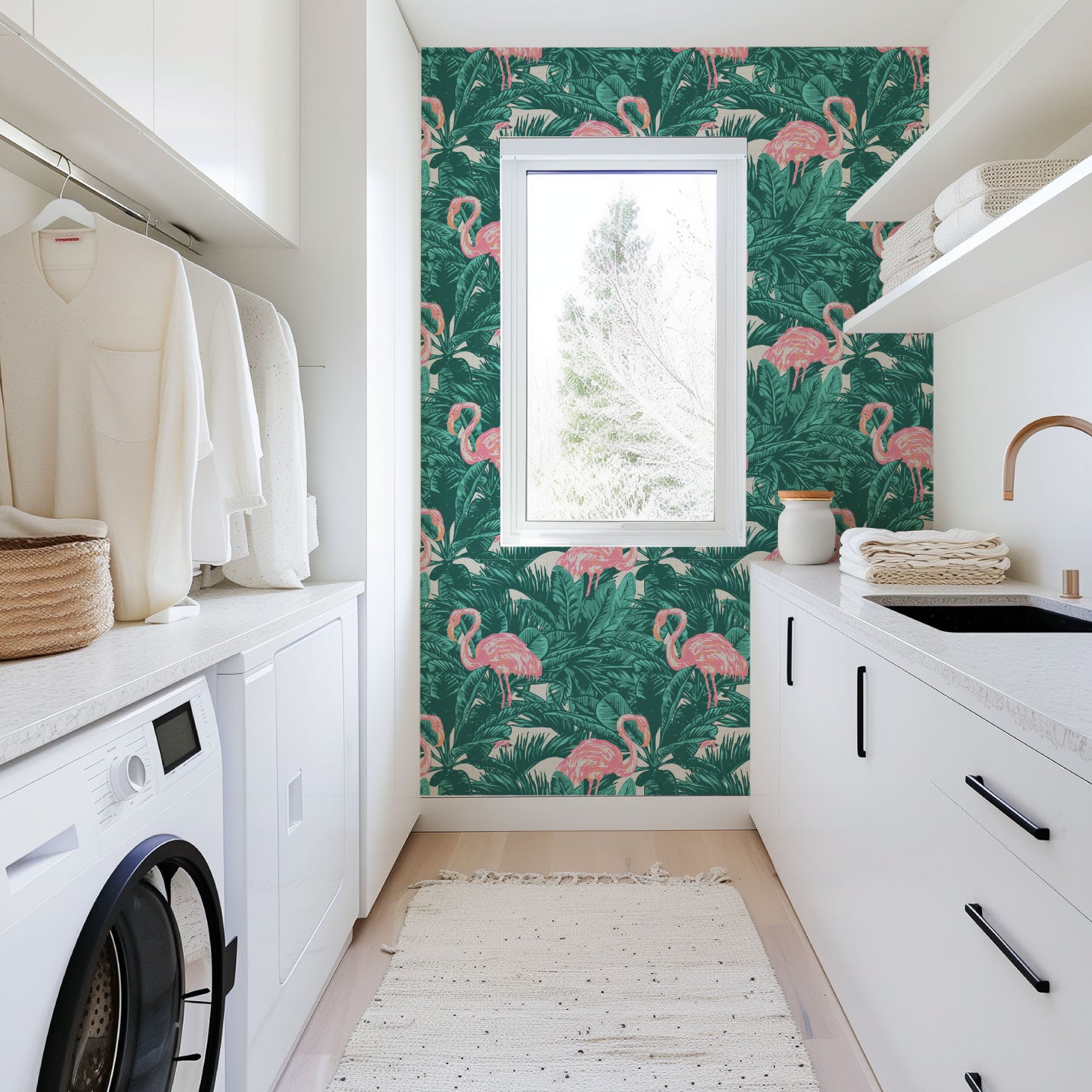 A Flamingo Made Me Do It Palm Leaf Textured Performance Vinyl Wallpaper in Emerald Bay Green