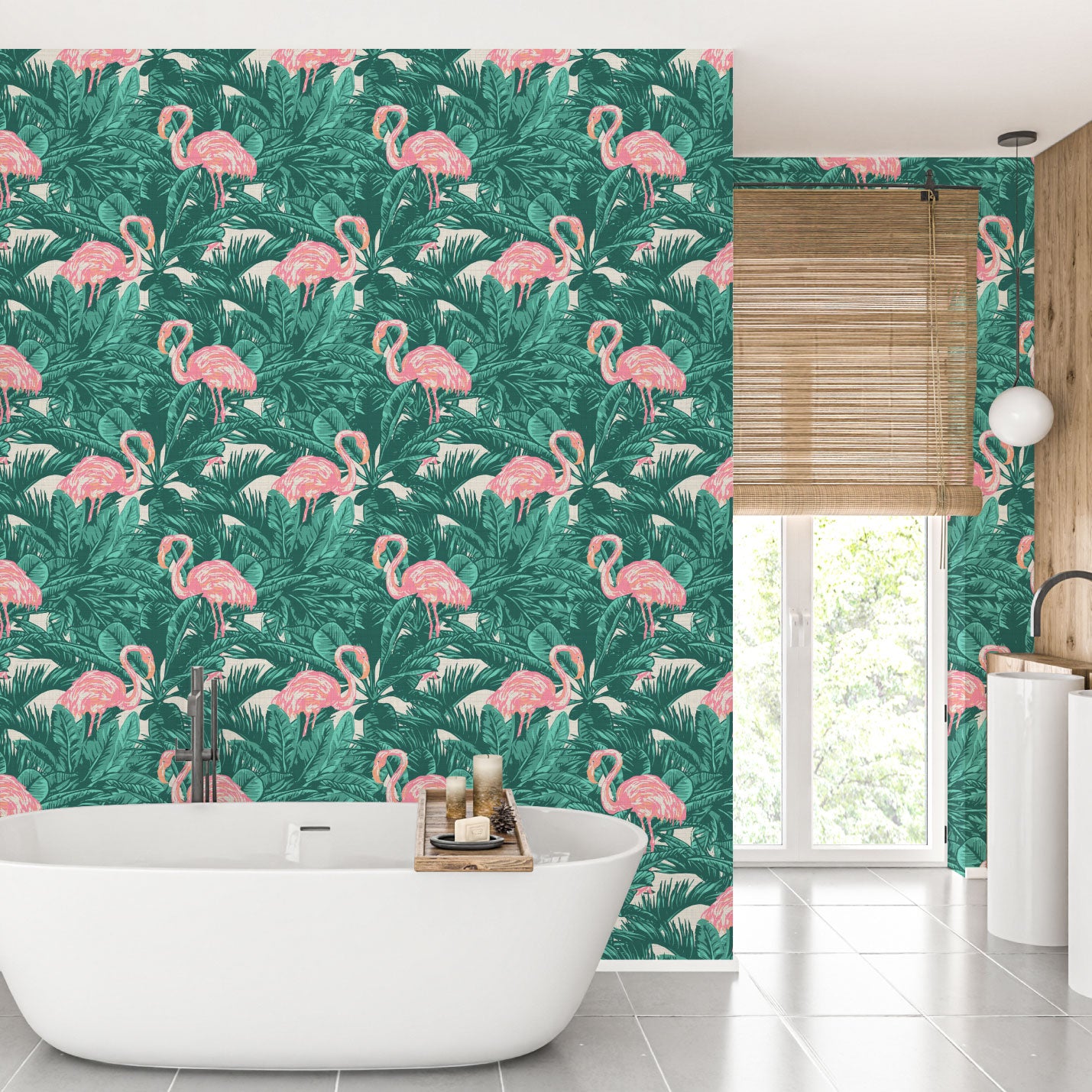 A Flamingo Made Me Do It Palm Leaf Textured Performance Vinyl Wallpaper in Emerald Bay Green