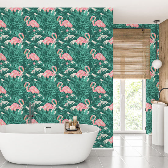 A Flamingo Made Me Do It Palm Leaf Textured Performance Vinyl Wallpaper in Emerald Bay Green