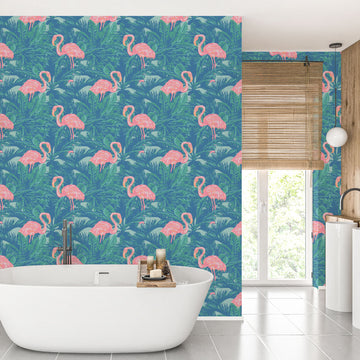 wallpaper Textured Eco-Friendly Non-toxic High-quality Sustainable Interior Design Bold Custom Tailor-made Retro chic Grand millennial Maximalism Traditional Dopamine decor Tropical Jungle Coastal Garden Seaside Seashore Waterfront Retreat Relaxed beach vibes Beach cottage Shoreline Oceanfront Nautical Cabana preppy flamingo pink palm leaf green performance vinyl waterproof washable moisture resistant commercial fire rated