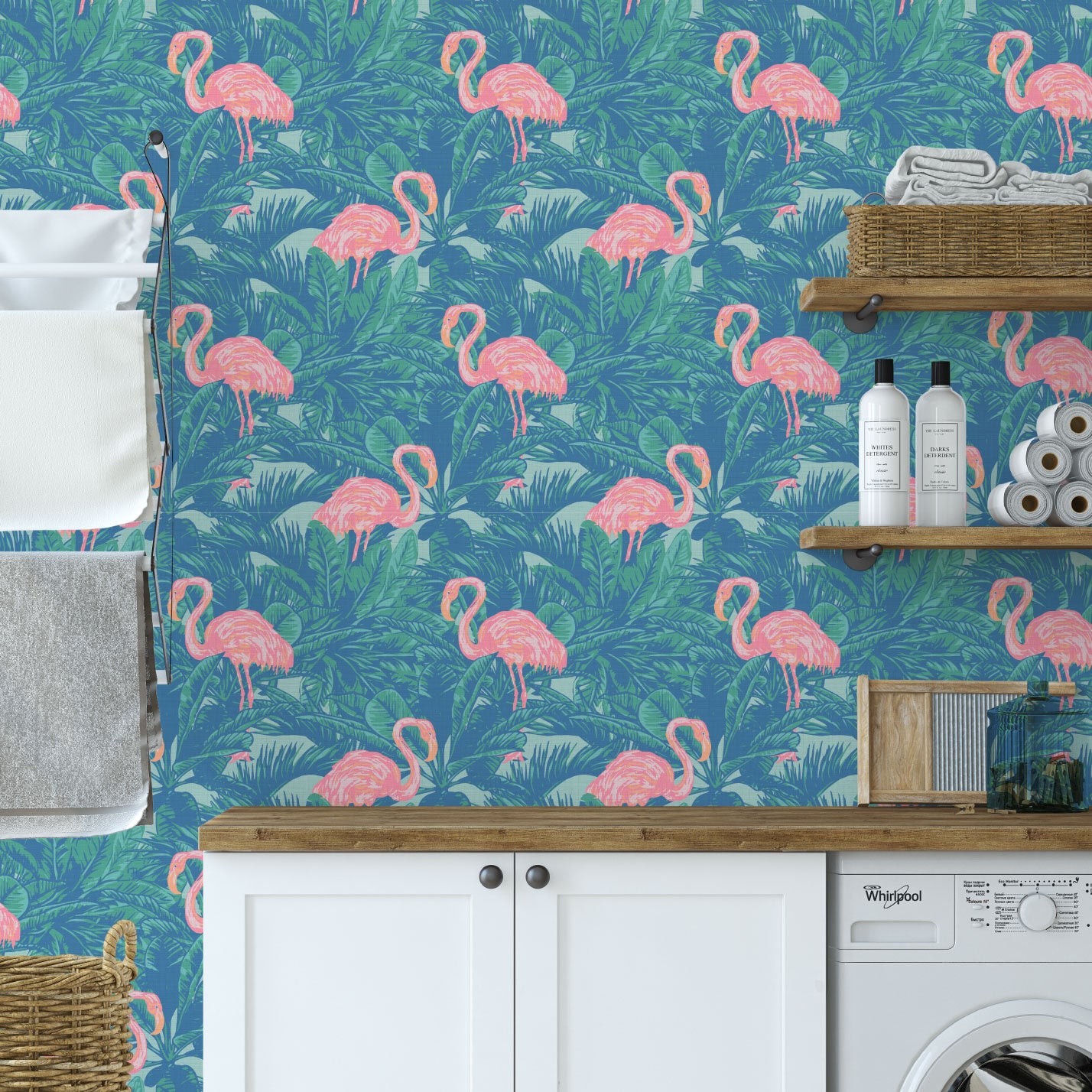 A Flamingo Made Me Do It Palm Leaf Textured Performance Vinyl Wallpaper in Pink Punch