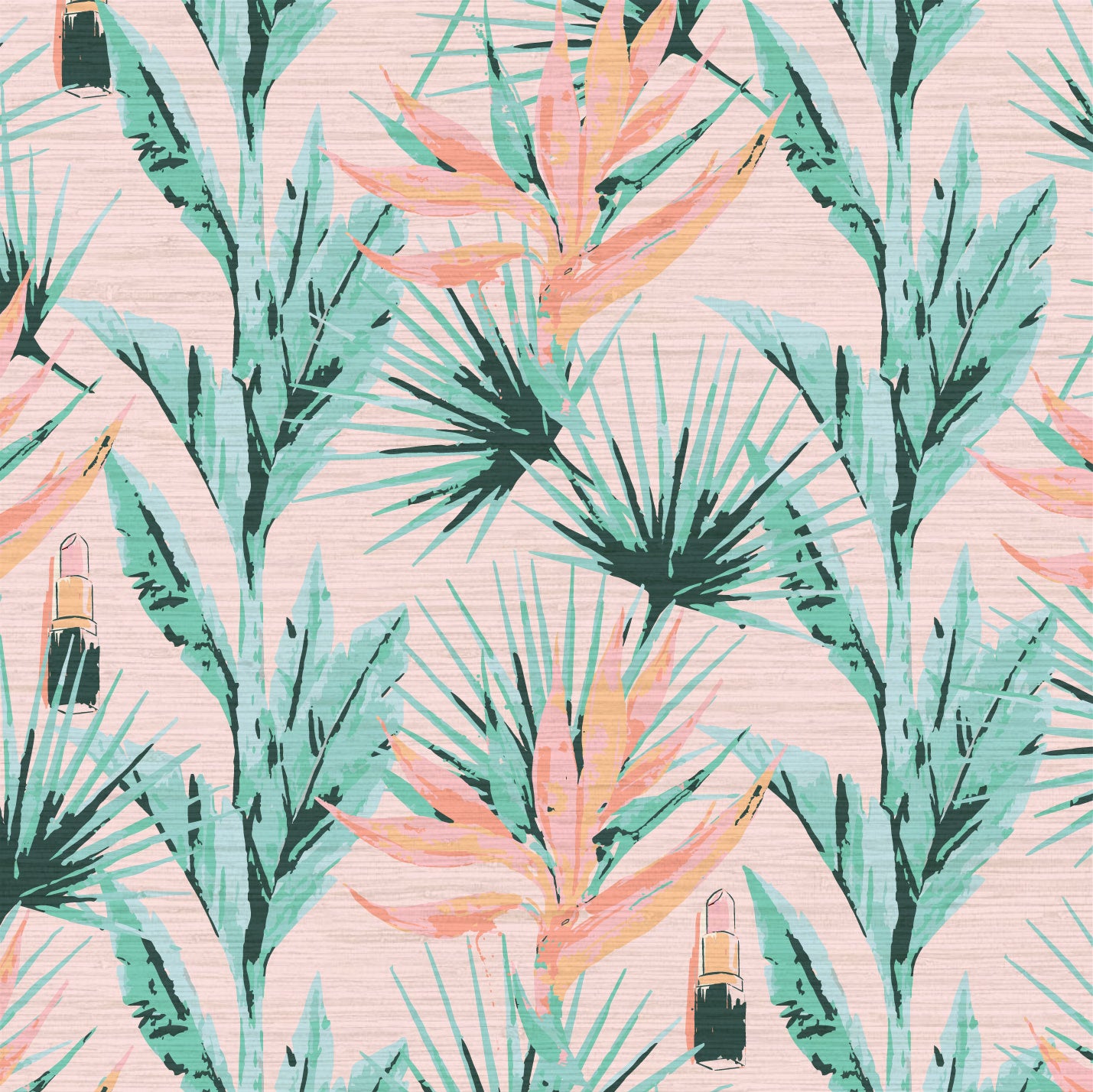 printed grasscloth wallpaper light pink based allover floral print with light pink and orange birds of paradise floral paired with shades of green palm leaves with added light pink lipstick tubes scattered throughout the print. Natural Textured Eco-Friendly Non-toxic High-quality  Sustainable practices Sustainability Interior Design botanical medspa beauty salon custom  wall cover garden