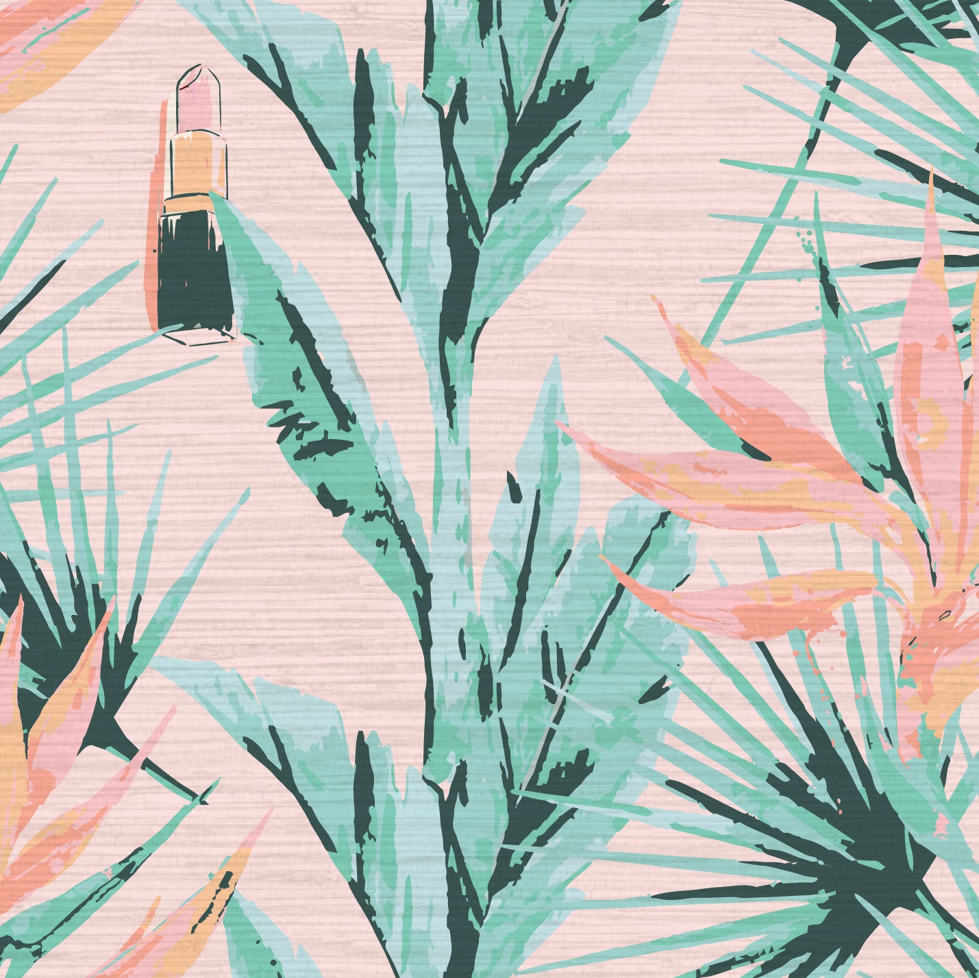 light pink based allover floral print with light pink and orange birds of paradise floral paired with shades of green palm leaves with added light pink lipstick tubes scattered throughout the print.