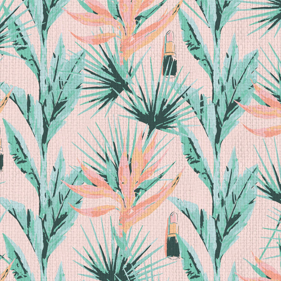 printed grasscloth wallpaper light pink based allover floral print with light pink and orange birds of paradise floral paired with shades of green palm leaves with added light pink lipstick tubes scattered throughout the print. Natural Textured Eco-Friendly Non-toxic High-quality Sustainable practices Sustainability Interior Design botanical medspa beauty salon custom wall cover garden paperweave paper weave