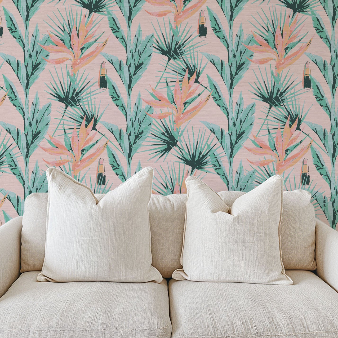 printed grasscloth wallpaper light pink based allover floral print with light pink and orange birds of paradise floral paired with shades of green palm leaves with added light pink lipstick tubes scattered throughout the print. Natural Textured Eco-Friendly Non-toxic High-quality Sustainable practices Sustainability Interior Design botanical medspa beauty salon custom wall cover garden