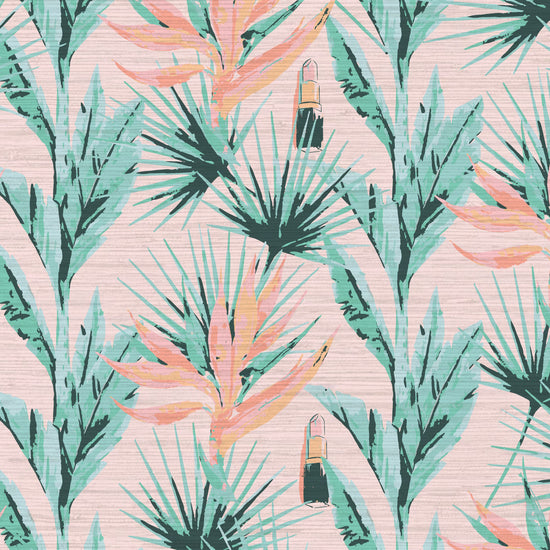 printed grasscloth wallpaper light pink based allover floral print with light pink and orange birds of paradise floral paired with shades of green palm leaves with added light pink lipstick tubes scattered throughout the print. Natural Textured Eco-Friendly Non-toxic High-quality Sustainable practices Sustainability Interior Design botanical medspa beauty salon custom wall cover garden