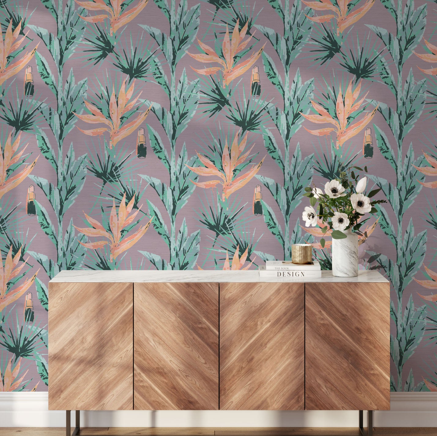 Load image into Gallery viewer, light purple based allover floral print with light pink and orange birds of paradise floral paired with shades of green palm leaves with added light pink lipstick tubes scattered throughout the print Grasscloth Natural Textured Eco-Friendly Non-toxic High-quality  Sustainable practices Sustainability Interior Design Wall covering bold vertical stripe botanical flowers garden tropical jungle beauty salon medspa makeup office entrance waiting room
