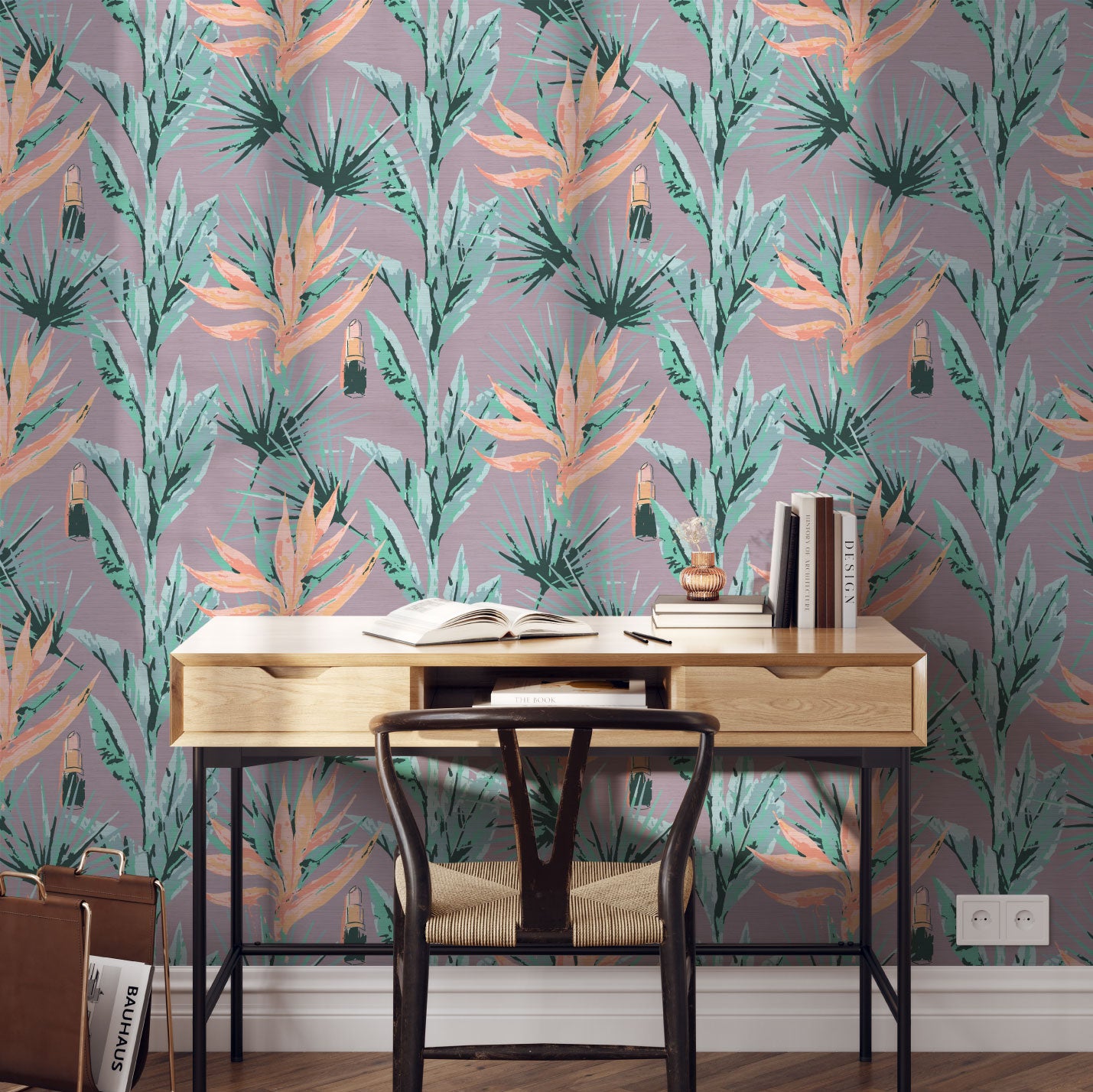 Load image into Gallery viewer, light purple based allover floral print with light pink and orange birds of paradise floral paired with shades of green palm leaves with added light pink lipstick tubes scattered throughout the print Grasscloth Natural Textured Eco-Friendly Non-toxic High-quality  Sustainable practices Sustainability Interior Design Wall covering bold vertical stripe botanical flowers garden tropical jungle beauty salon medspa makeup office study
