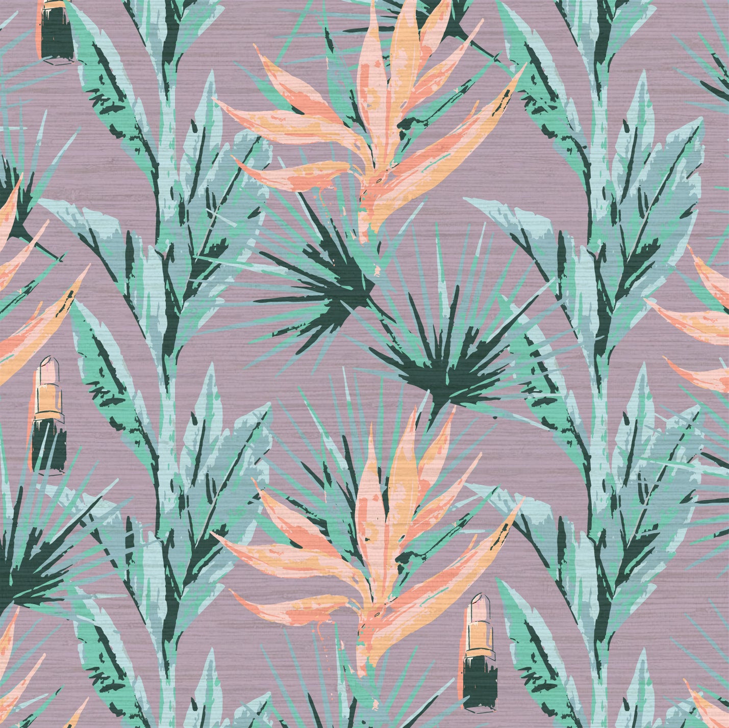 light purple based allover floral print with light pink and orange birds of paradise floral paired with shades of green palm leaves with added light pink lipstick tubes scattered throughout the print Grasscloth Natural Textured Eco-Friendly Non-toxic High-quality  Sustainable practices Sustainability Interior Design Wall covering bold vertical stripe botanical flowers garden tropical jungle beauty salon medspa makeup