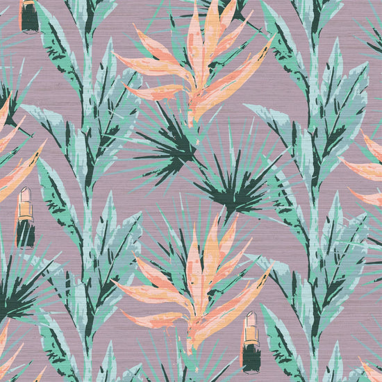 light purple based allover floral print with light pink and orange birds of paradise floral paired with shades of green palm leaves with added light pink lipstick tubes scattered throughout the print.
