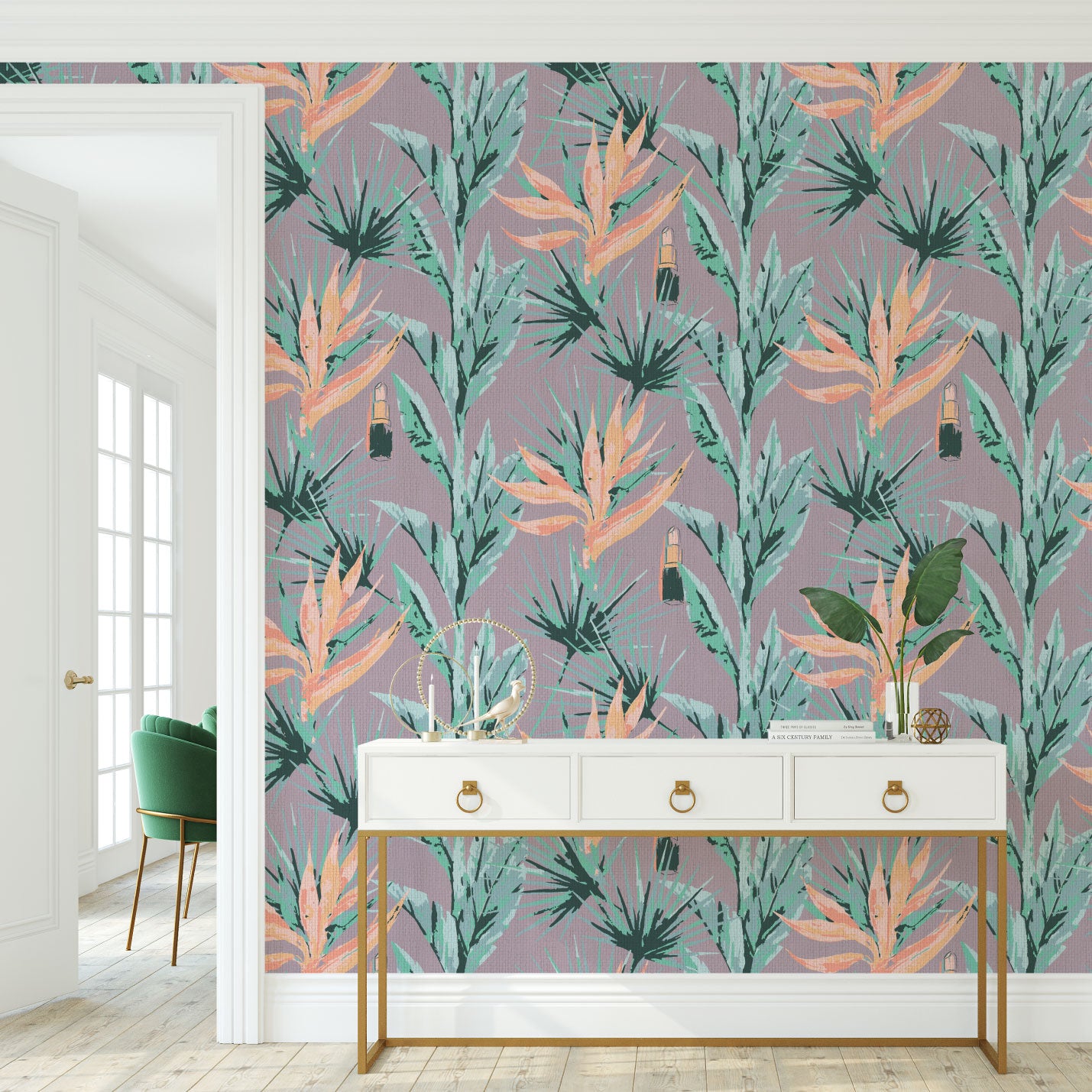 light purple based allover floral print with light pink and orange birds of paradise floral paired with shades of green palm leaves with added light pink lipstick tubes scattered throughout the print Grasscloth Natural Textured Eco-Friendly Non-toxic High-quality  Sustainable practices Sustainability Interior Design Wall covering bold vertical stripe botanical flowers garden tropical jungle beauty salon medspa makeup paper weave paperweave