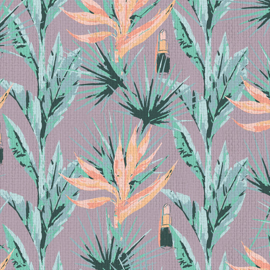 light purple based allover floral print with light pink and orange birds of paradise floral paired with shades of green palm leaves with added light pink lipstick tubes scattered throughout the print Grasscloth Natural Textured Eco-Friendly Non-toxic High-quality  Sustainable practices Sustainability Interior Design Wall covering bold vertical stripe botanical flowers garden tropical jungle beauty salon medspa makeup paper weave paperweave