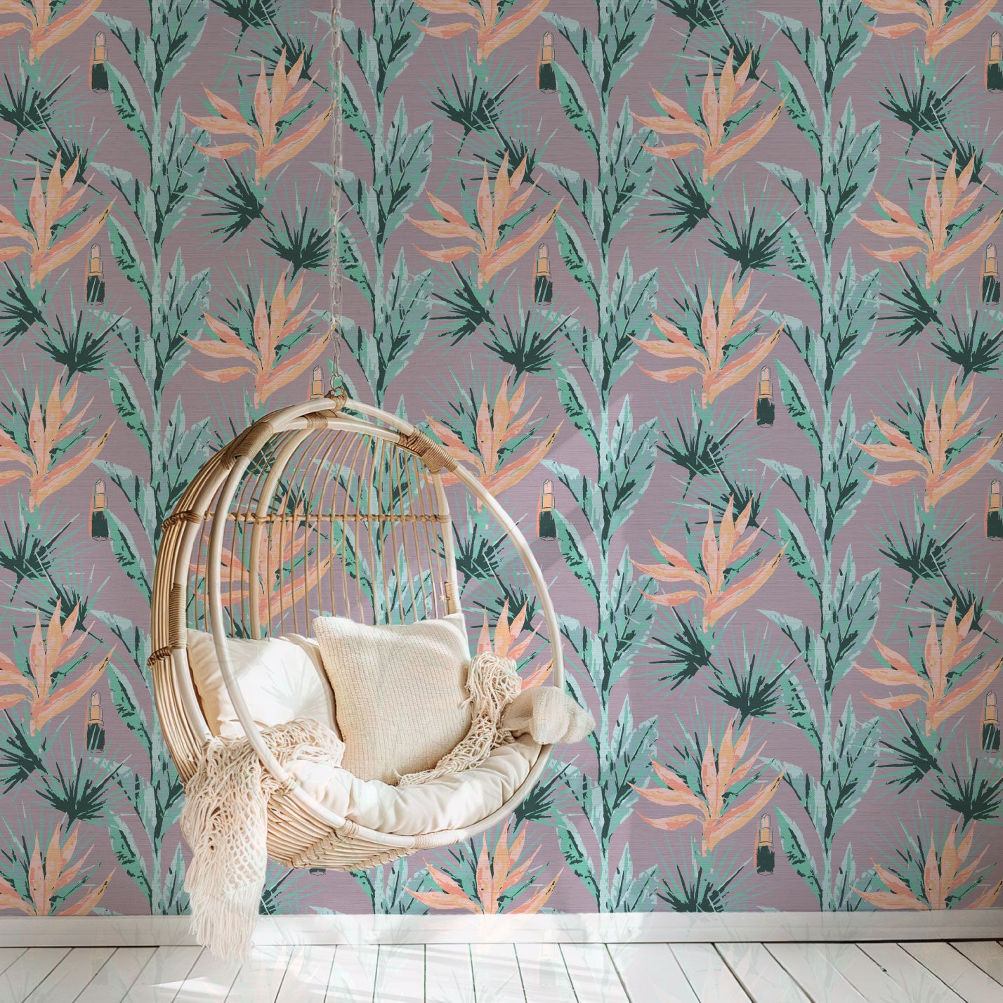 light purple based allover floral print with light pink and orange birds of paradise floral paired with shades of green palm leaves with added light pink lipstick tubes scattered throughout the print Grasscloth Natural Textured Eco-Friendly Non-toxic High-quality  Sustainable practices Sustainability Interior Design Wall covering bold vertical stripe botanical flowers garden tropical jungle beauty salon medspa makeup