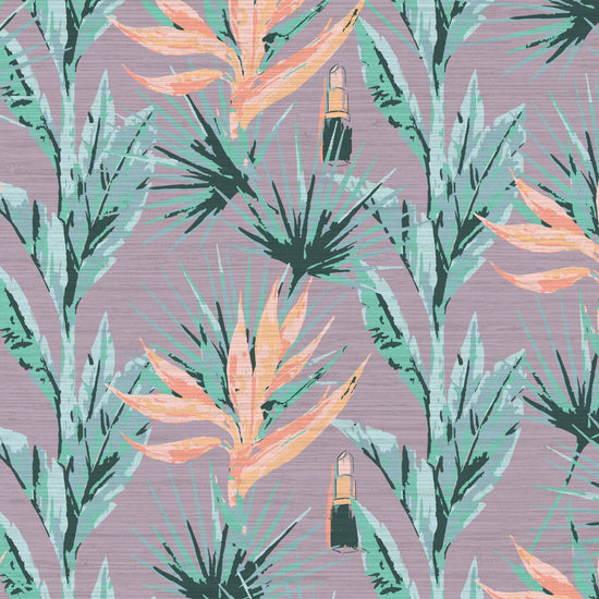 light purple based allover floral print with light pink and orange birds of paradise floral paired with shades of green palm leaves with added light pink lipstick tubes scattered throughout the print Grasscloth Natural Textured Eco-Friendly Non-toxic High-quality  Sustainable practices Sustainability Interior Design Wall covering bold vertical stripe botanical flowers garden tropical jungle beauty salon medspa makeup