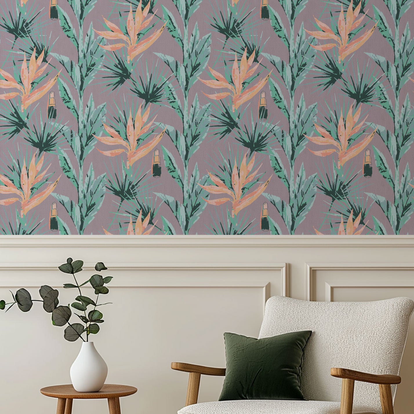 light purple based allover floral print with light pink and orange birds of paradise floral paired with shades of green palm leaves with added light pink lipstick tubes scattered throughout the print Grasscloth Natural Textured Eco-Friendly Non-toxic High-quality  Sustainable practices Sustainability Interior Design Wall covering bold vertical stripe botanical flowers garden tropical jungle beauty salon medspa makeup paper weave paperweave