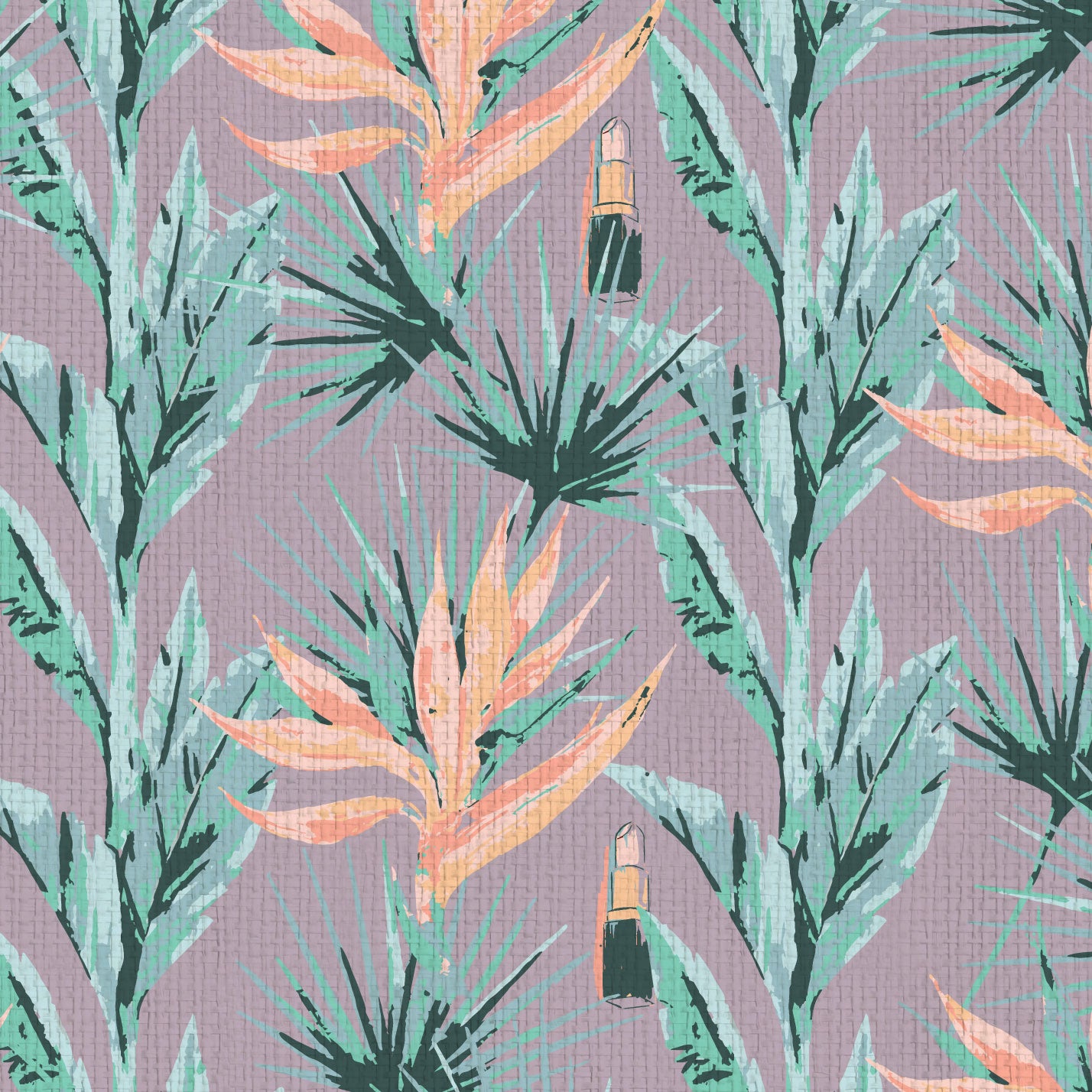 light purple based allover floral print with light pink and orange birds of paradise floral paired with shades of green palm leaves with added light pink lipstick tubes scattered throughout the print Grasscloth Natural Textured Eco-Friendly Non-toxic High-quality  Sustainable practices Sustainability Interior Design Wall covering bold vertical stripe botanical flowers garden tropical jungle beauty salon medspa makeup paper weave paperweave