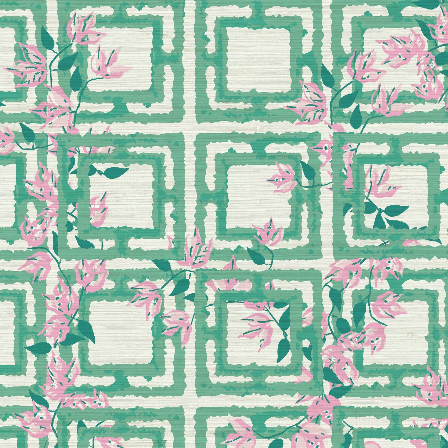 Grasscloth wallpaper Natural Textured Eco-Friendly Non-toxic High-quality  Sustainable Interior Design Bold Custom Tailor-made Retro chic Grand millennial Maximalism  Traditional Dopamine decor garden flower geometric retro green pink girl kids preppy cabana