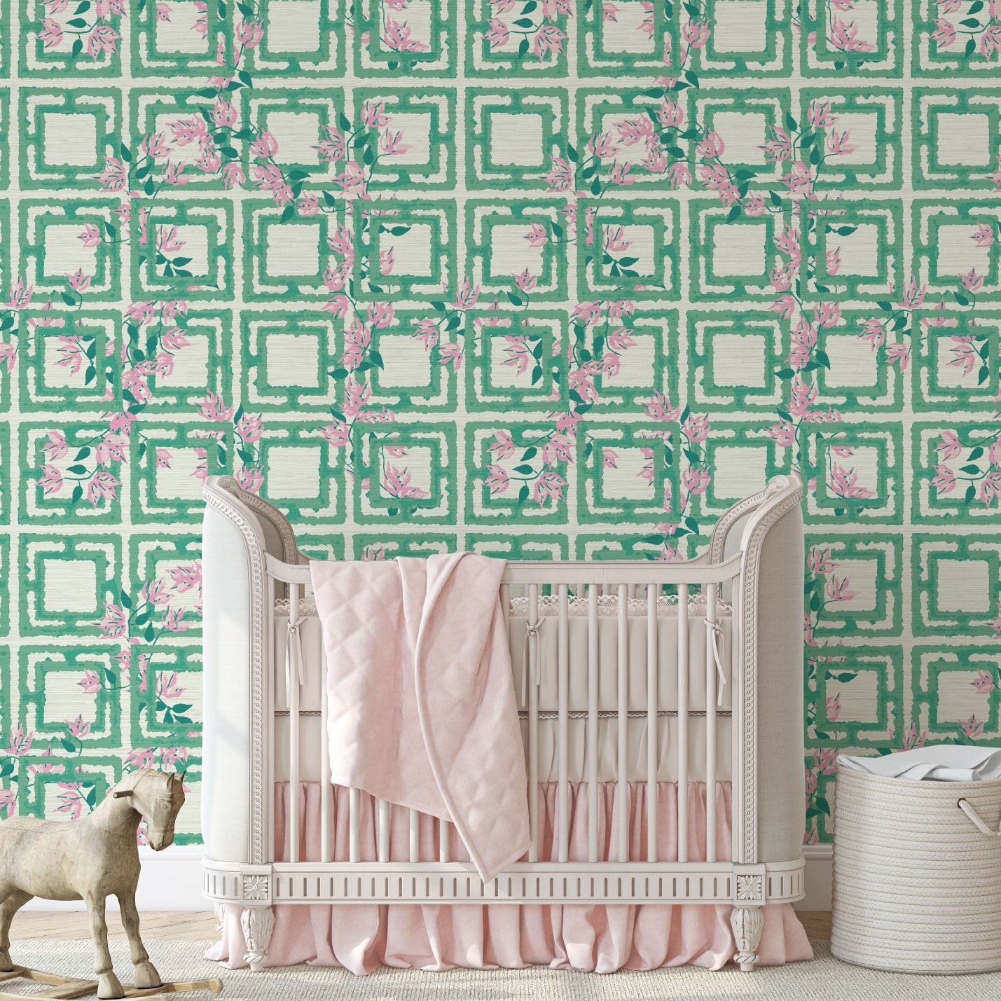 wallpaper Natural Textured Eco-Friendly Non-toxic High-quality  Sustainable Interior Design Bold Custom Tailor-made Retro chic Grand millennial Maximalism  Traditional Dopamine decor garden flower geometric retro green pink girl kids preppy cabana