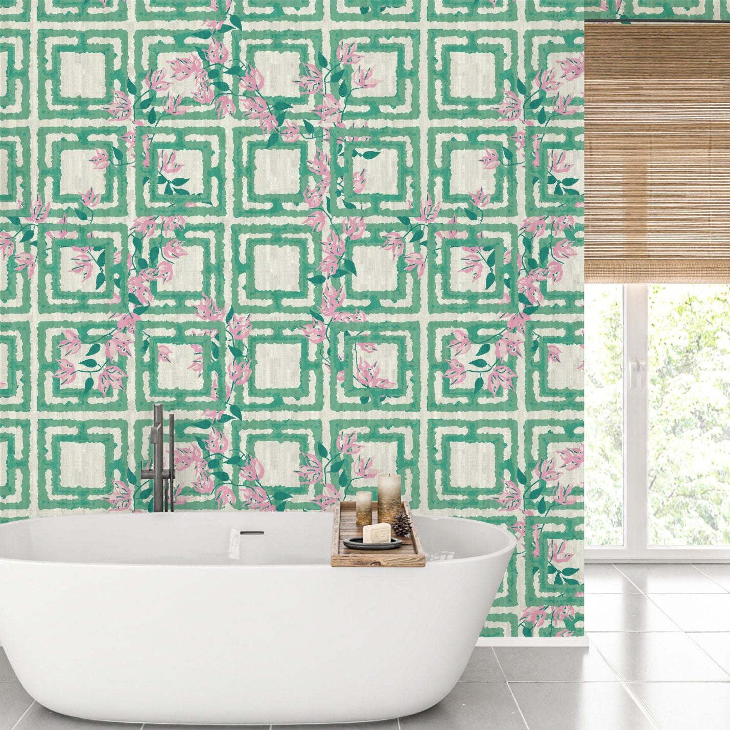 wallpaper Natural Textured Eco-Friendly Non-toxic High-quality  Sustainable Interior Design Bold Custom Tailor-made Retro chic Grand millennial Maximalism  Traditional Dopamine decor garden flower geometric retro green pink girl kids preppy cabana