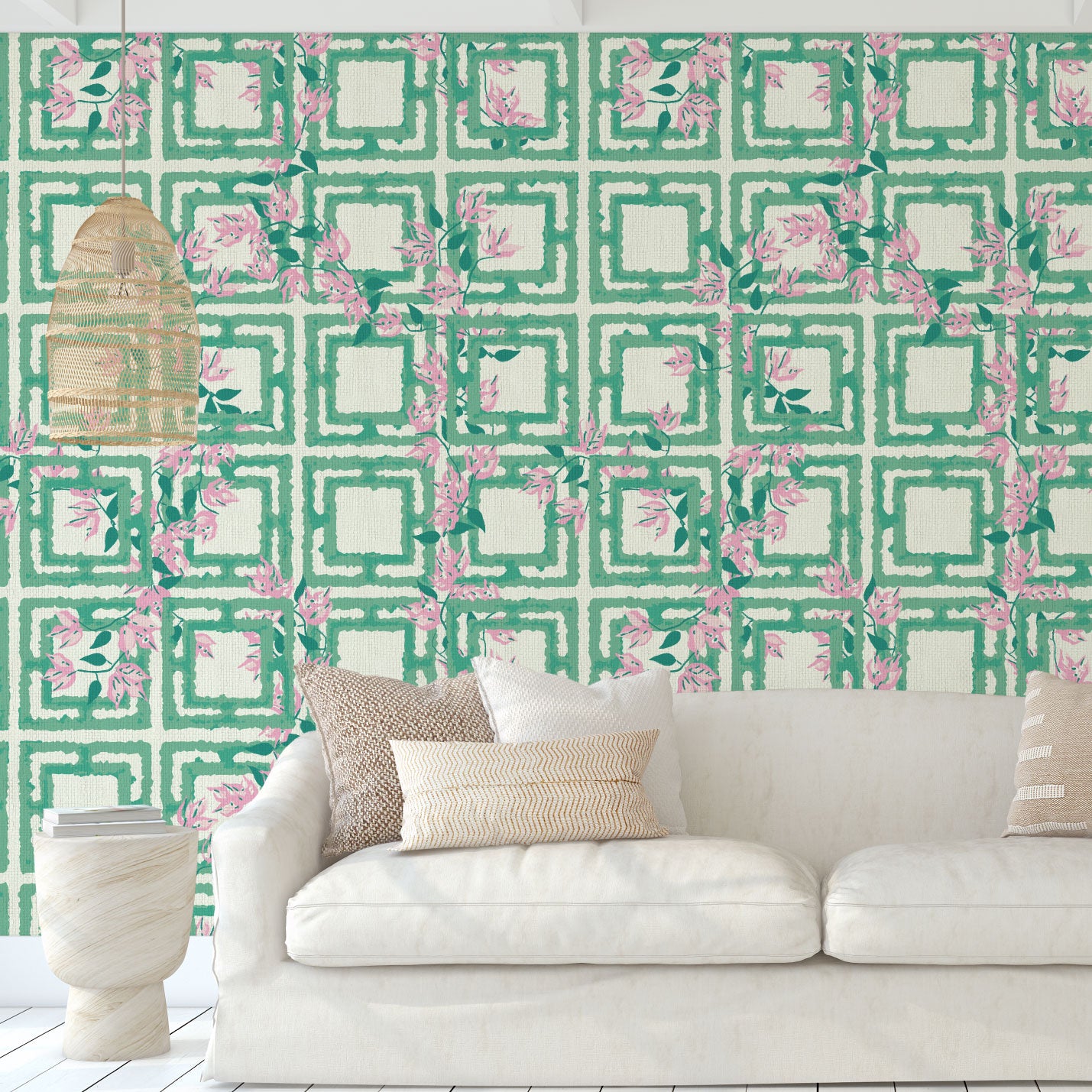 wallpaper Natural Textured Eco-Friendly Non-toxic High-quality  Sustainable Interior Design Bold Custom Tailor-made Retro chic Grand millennial Maximalism  Traditional Dopamine decor garden flower geometric retro green pink girl kids preppy cabana