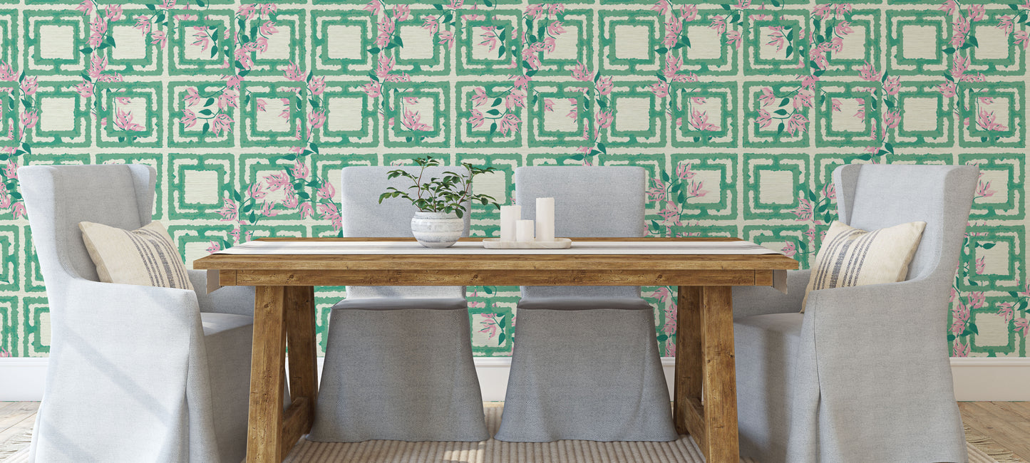 Grasscloth wallpaper Natural Textured Eco-Friendly Non-toxic High-quality Sustainable Interior Design Bold Custom Tailor-made Retro chic Grand millennial Maximalism Traditional Dopamine decor garden flower geometric retro green pink girl kids preppy cabana