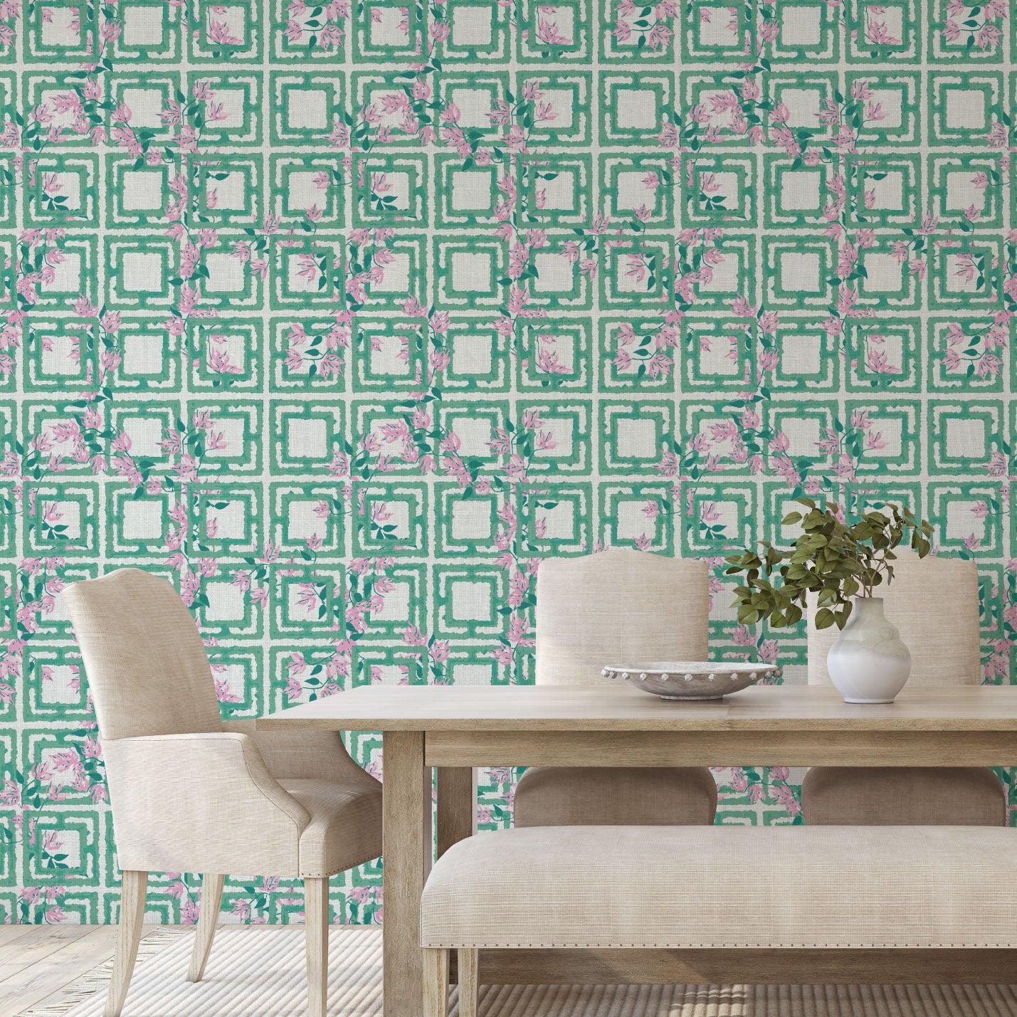 wallpaper Natural Textured Eco-Friendly Non-toxic High-quality  Sustainable Interior Design Bold Custom Tailor-made Retro chic Grand millennial Maximalism  Traditional Dopamine decor garden flower geometric retro green pink girl kids preppy cabana linen