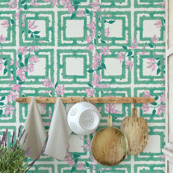 Against the Wind Pink Floral Breeze Block Textured Performance Vinyl Wallpaper in Bay Green