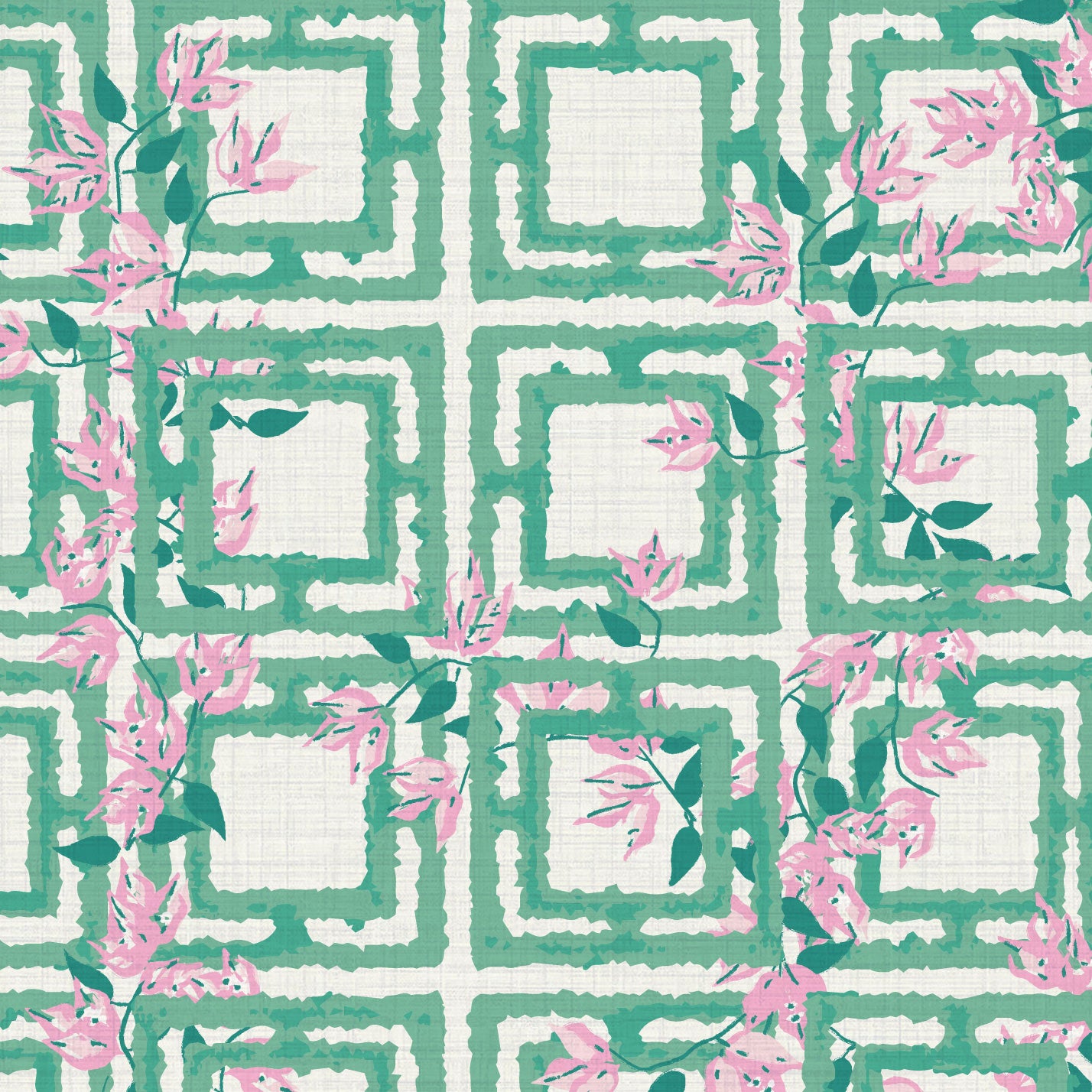 Against the Wind Pink Floral Breeze Block Textured Performance Vinyl Wallpaper in Bay Green