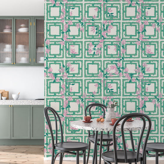 Against the Wind Pink Floral Breeze Block Textured Performance Vinyl Wallpaper in Bay Green