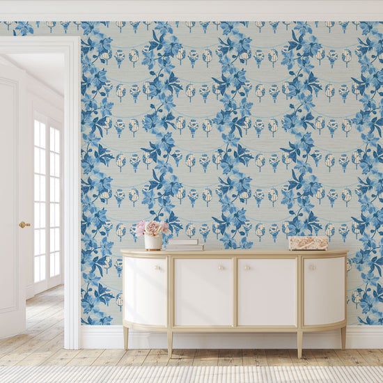 Load image into Gallery viewer, Natural Textured Eco-Friendly Non-toxic High-quality  Sustainable practices Sustainability Wall covering Wallcovering Wallpaper french blue shades of blue lantern Chinoiserie asian inspiration floral stripe grasscloth printed paper interior design garden vertical chintz chinese textured wallpaper  botanical garden flower florals tropical classic bespoke coastal bold nature inspired grasscloth entrance foyer
