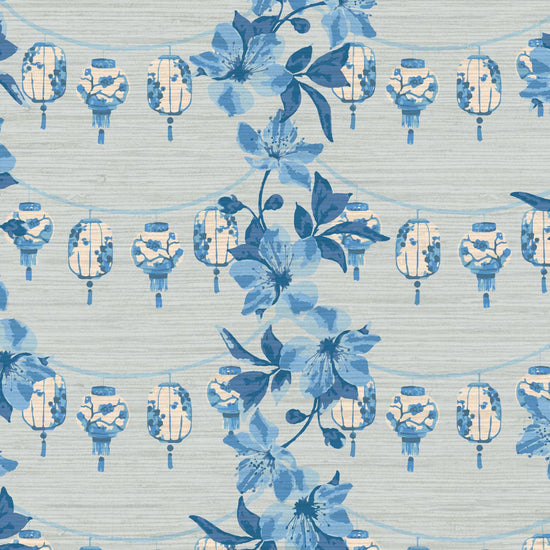 All Night Long Botanical Chintz Lanterns Wallpaper in Bonnie Bell Blue