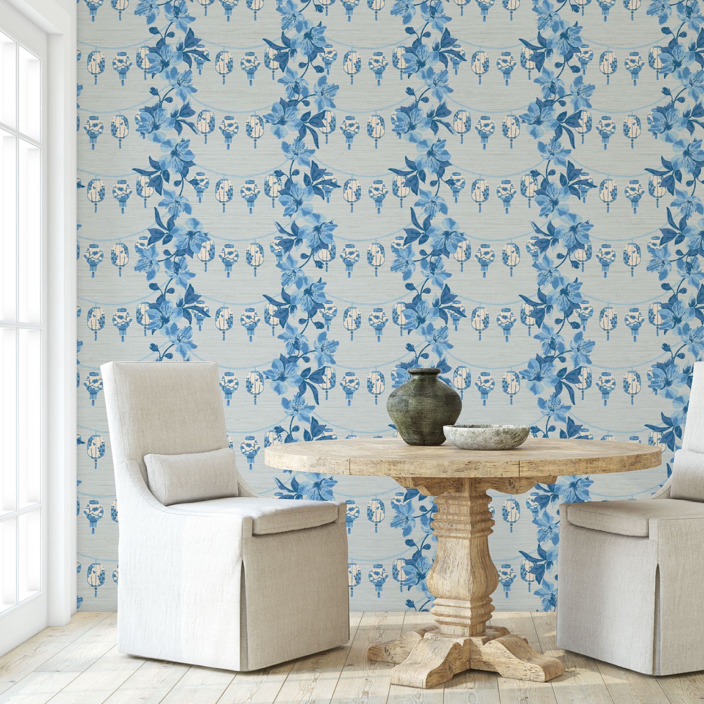 All Night Long Botanical Chintz Lanterns Wallpaper in Bonnie Bell Blue