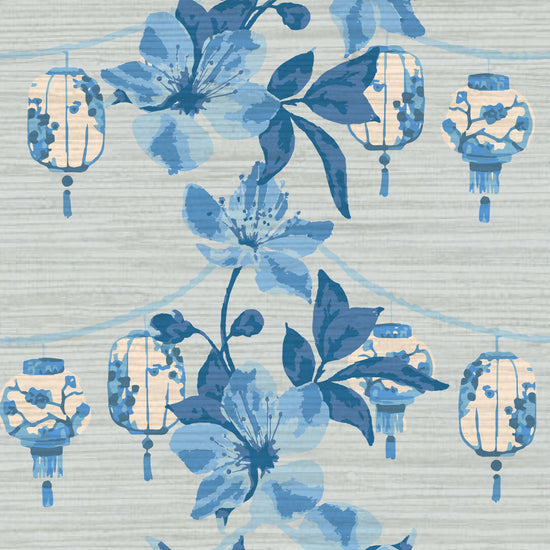 Load image into Gallery viewer, Natural Textured Eco-Friendly Non-toxic High-quality Sustainable practices Sustainability Wall covering Wallcovering Wallpaper french blue shades of blue lantern Chinoiserie asian inspiration floral stripe grasscloth printed paper interior design garden vertical chintz chinese textured wallpaper
