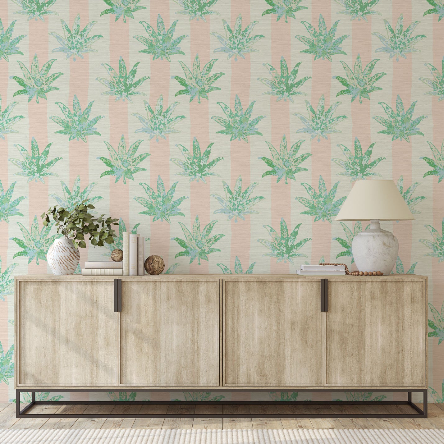 printed textured natural grasscloth wallpaper wall covering eco-friendly sustainable wide vertical stripes painted pink light pink baby pink weed marijuana high-quality tailor-made custom designed interior design bold vacation seaside coastal waterfront retreat relaxed beach cottage entrance
