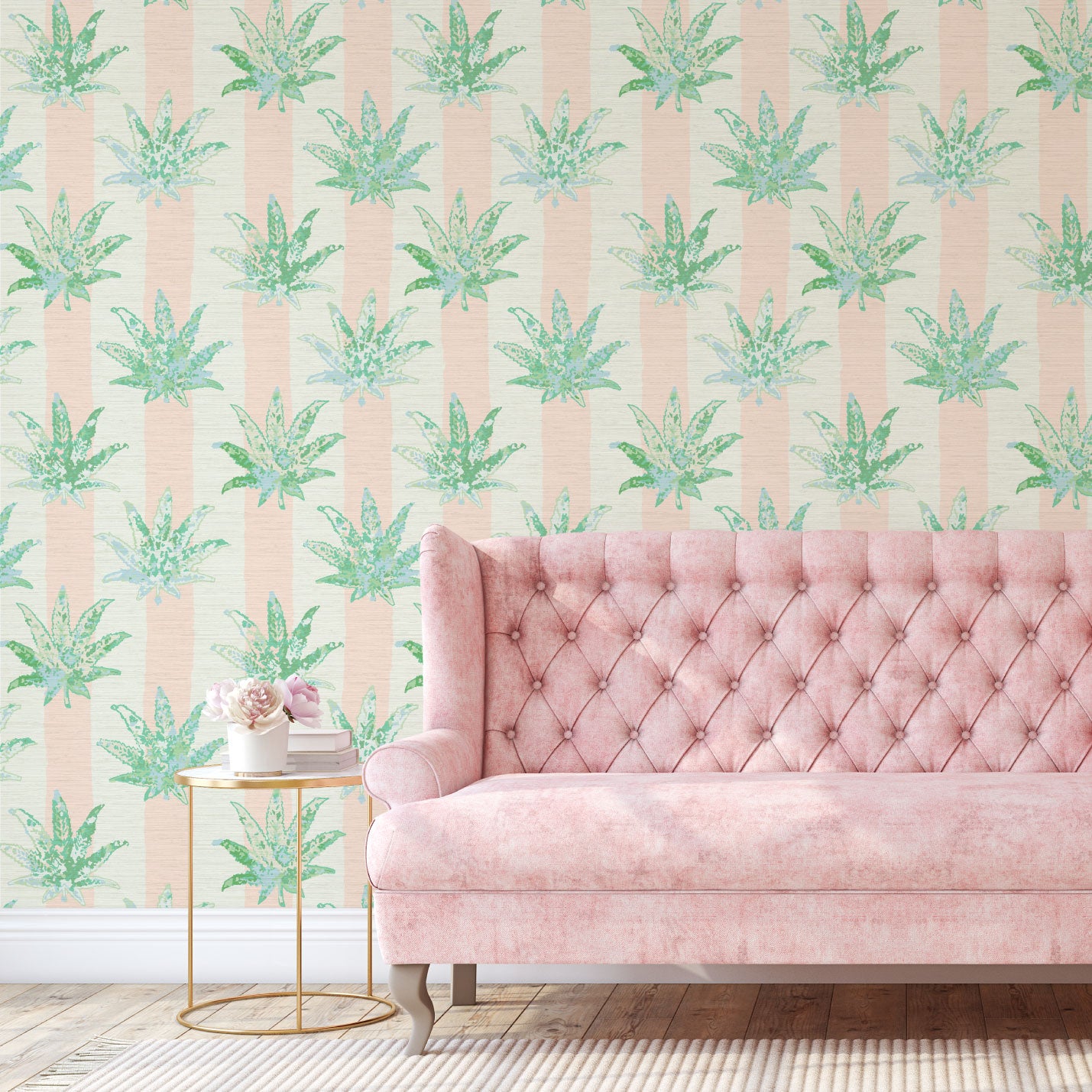 printed textured natural grasscloth wallpaper wall covering eco-friendly sustainable wide vertical stripes painted pink light pink baby pink weed marijuana high-quality tailor-made custom designed interior design bold vacation seaside coastal waterfront retreat relaxed beach cottage living room entrance