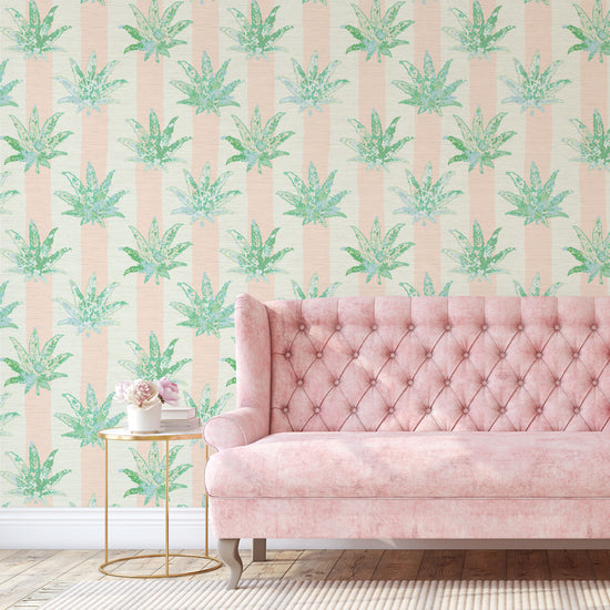 printed textured natural grasscloth wallpaper wall covering eco-friendly sustainable wide vertical stripes painted pink light pink baby pink weed marijuana high-quality tailor-made custom designed interior design bold vacation seaside coastal waterfront retreat relaxed beach cottage living room entrance