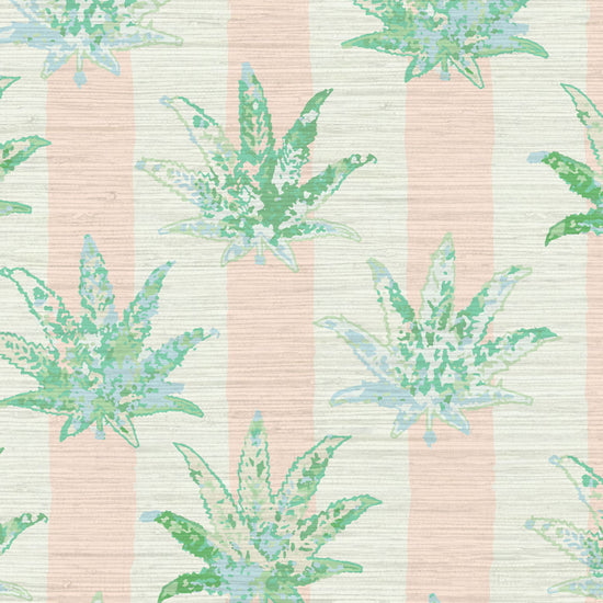 printed textured natural grasscloth wallpaper wall covering eco-friendly sustainable wide vertical stripes painted pink light pink baby pink weed marijuana high-quality tailor-made custom designed interior design bold vacation seaside coastal waterfront retreat relaxed beach cottage