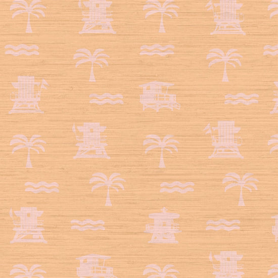 Grasscloth Natural Textured Eco-Friendly Non-toxic High-quality Sustainable practices Sustainability Interior Design Wall covering wallpaper grid seaside coastal seashore waterfront vacation home styling retreat relaxed beach vibes beach cottage shoreline oceanfront nautical tropical ocean waves palm tree lifeguard stand mini print custom interior design beach house sunset orange tangerine coral light pink baby