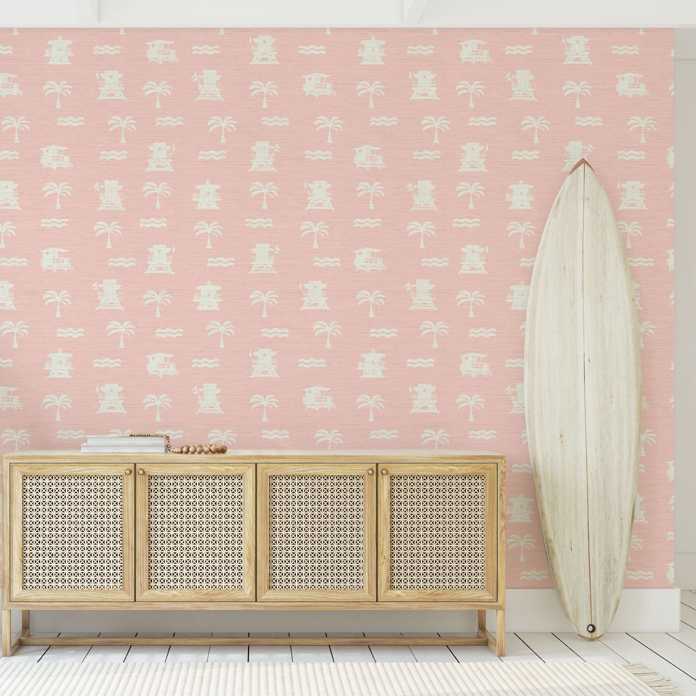 Grasscloth Natural Textured Eco-Friendly Non-toxic High-quality  Sustainable practices Sustainability Interior Design Wall covering wallpaper grid seaside coastal seashore waterfront vacation home styling retreat relaxed beach vibes beach cottage shoreline oceanfront nautical tropical ocean waves palm tree lifeguard stand mini print custom interior design light pink baby pink white