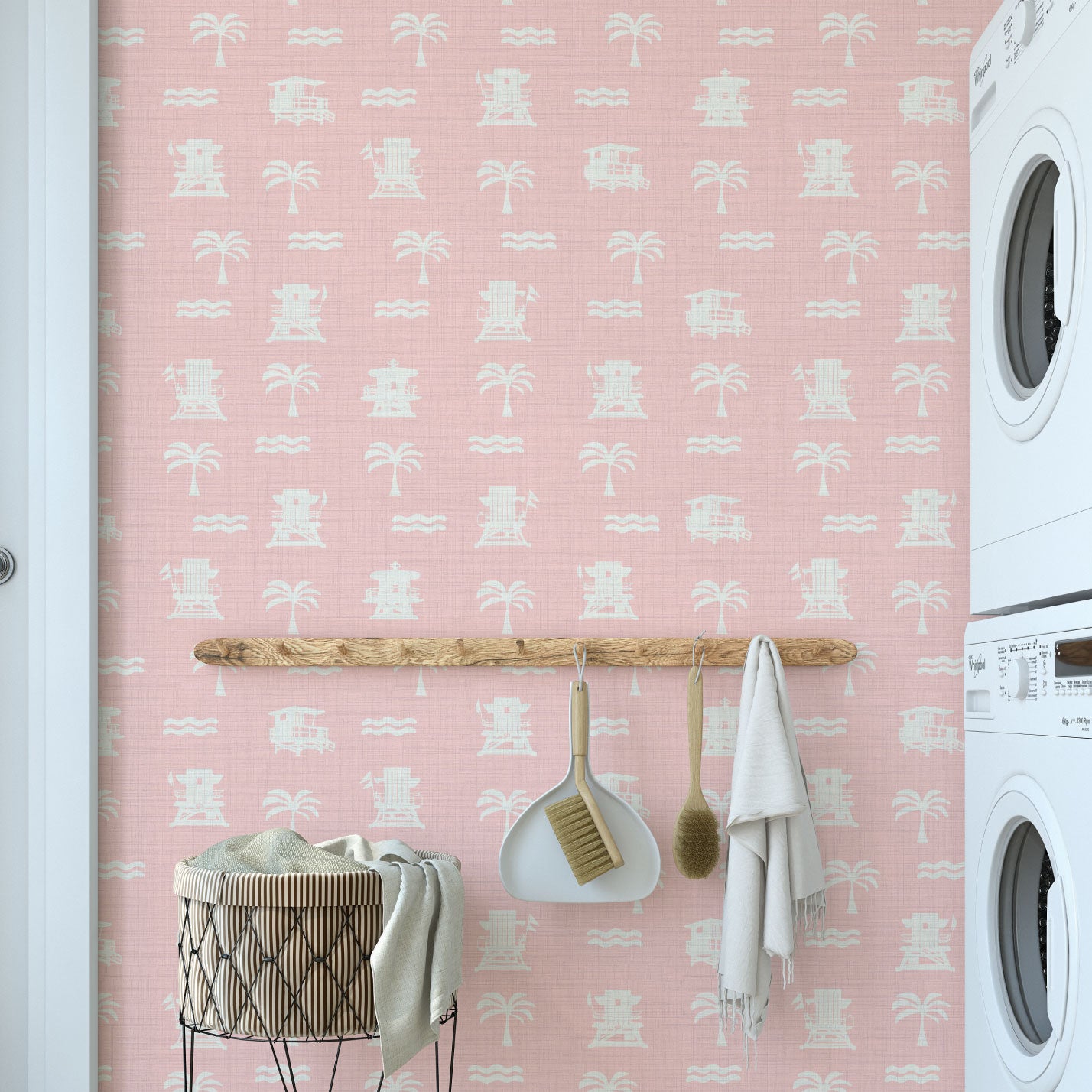 Baywatch Beach Stand Textured Performance Vinyl Wallpaper in Strawberry Milkshake