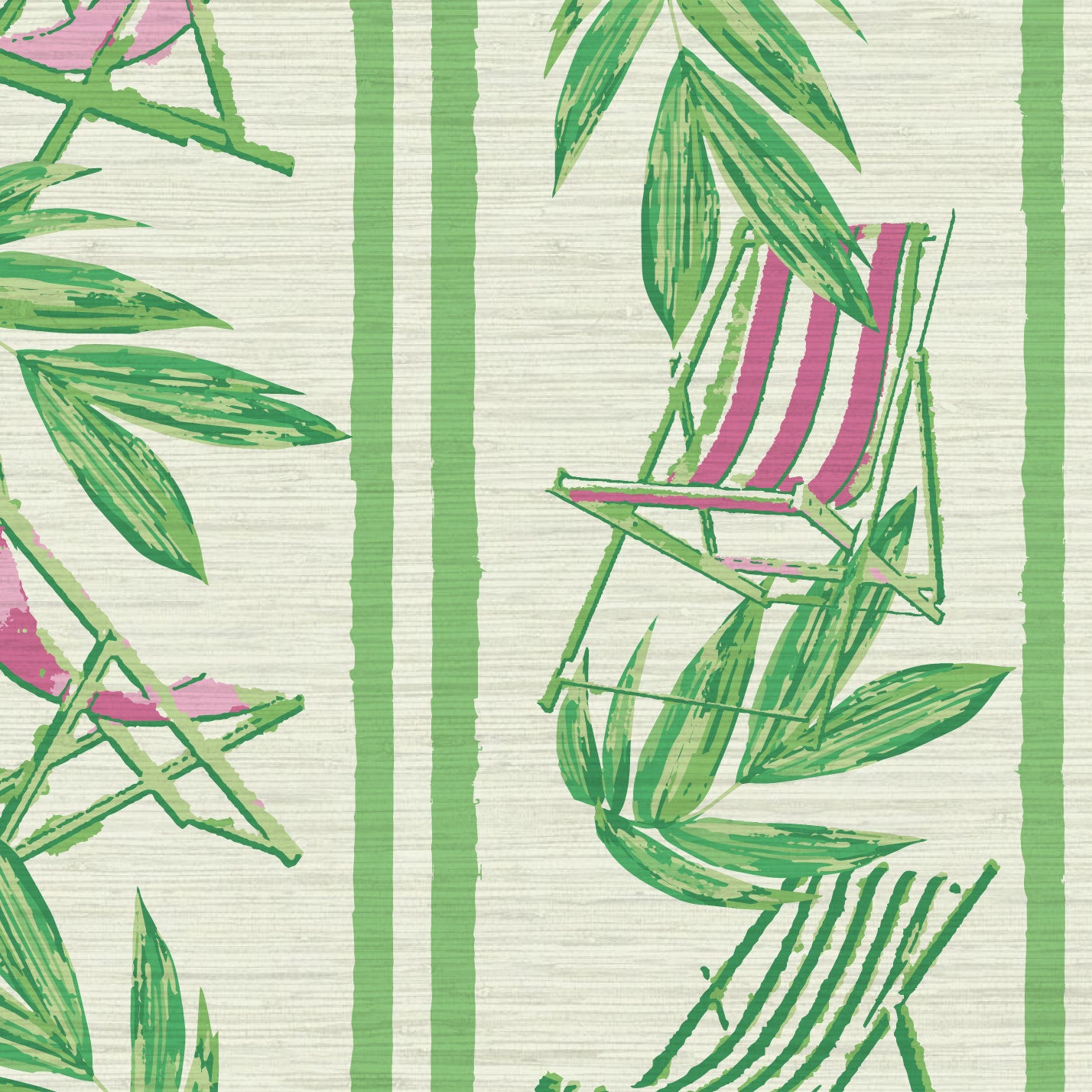 vertical linear grasscloth wallpaper print with a beachy design of green leaves and stripes paired with green and pink beach chairs arranged in a vertical oversized stripe Grasscloth Natural Textured Eco-Friendly Non-toxic High-quality  Sustainable practices Sustainability Interior Design Wall covering bold Seaside Coastal Seashore Waterfront Vacation home styling Retreat Relaxed beach vibes Beach cottage Shoreline Oceanfront Nautical