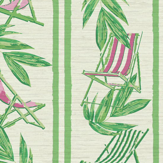 vertical linear grasscloth wallpaper print with a beachy design of green leaves and stripes paired with green and pink beach chairs arranged in a vertical oversized stripe Grasscloth Natural Textured Eco-Friendly Non-toxic High-quality  Sustainable practices Sustainability Interior Design Wall covering bold Seaside Coastal Seashore Waterfront Vacation home styling Retreat Relaxed beach vibes Beach cottage Shoreline Oceanfront Nautical