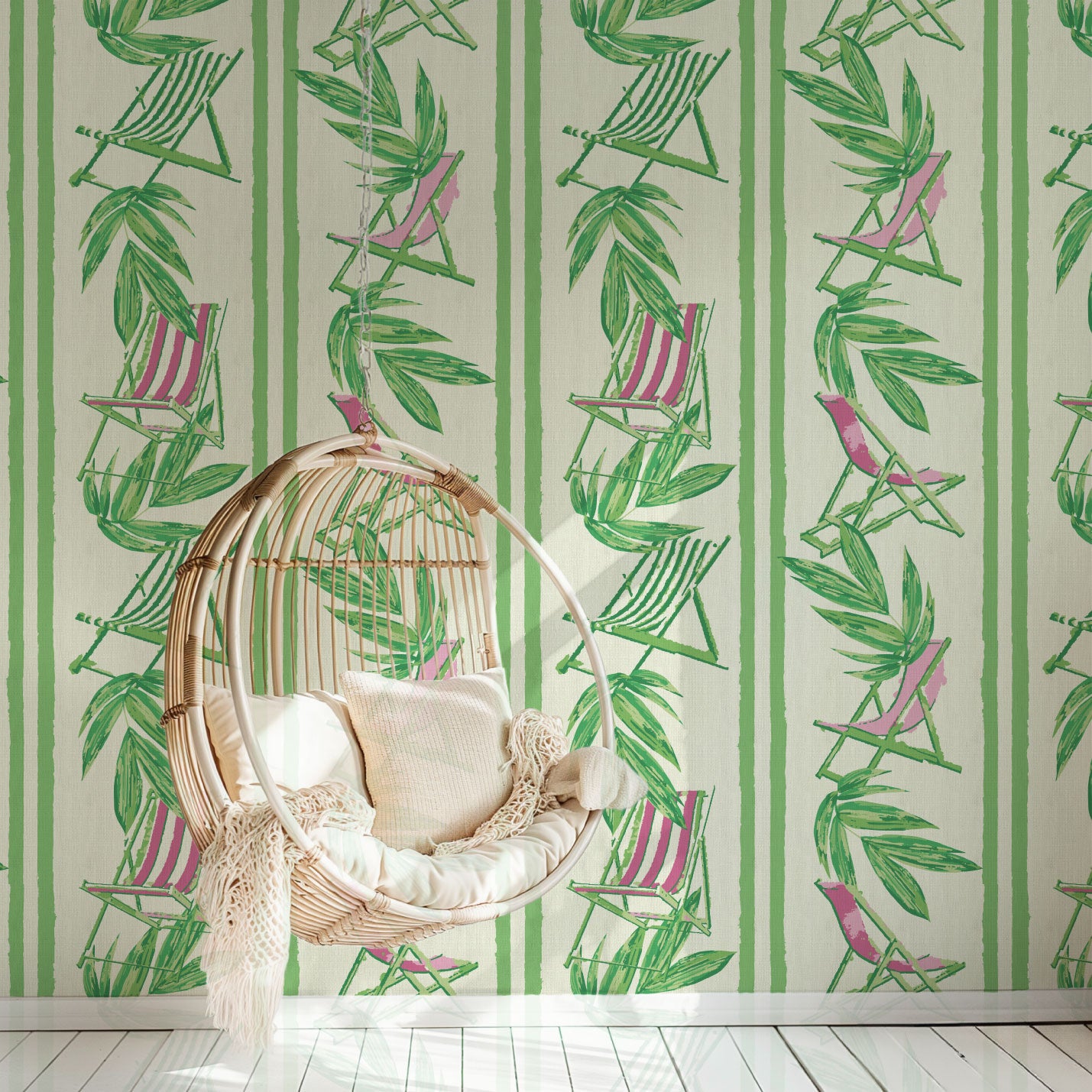 vertical linear grasscloth wallpaper print with a beachy design of green leaves and stripes paired with green and pink beach chairs arranged in a vertical oversized stripe Grasscloth Natural Textured Eco-Friendly Non-toxic High-quality  Sustainable practices Sustainability Interior Design Wall covering bold Seaside Coastal Seashore Waterfront Vacation home styling Retreat Relaxed beach vibes Beach cottage Shoreline Oceanfront Nautical paper weave