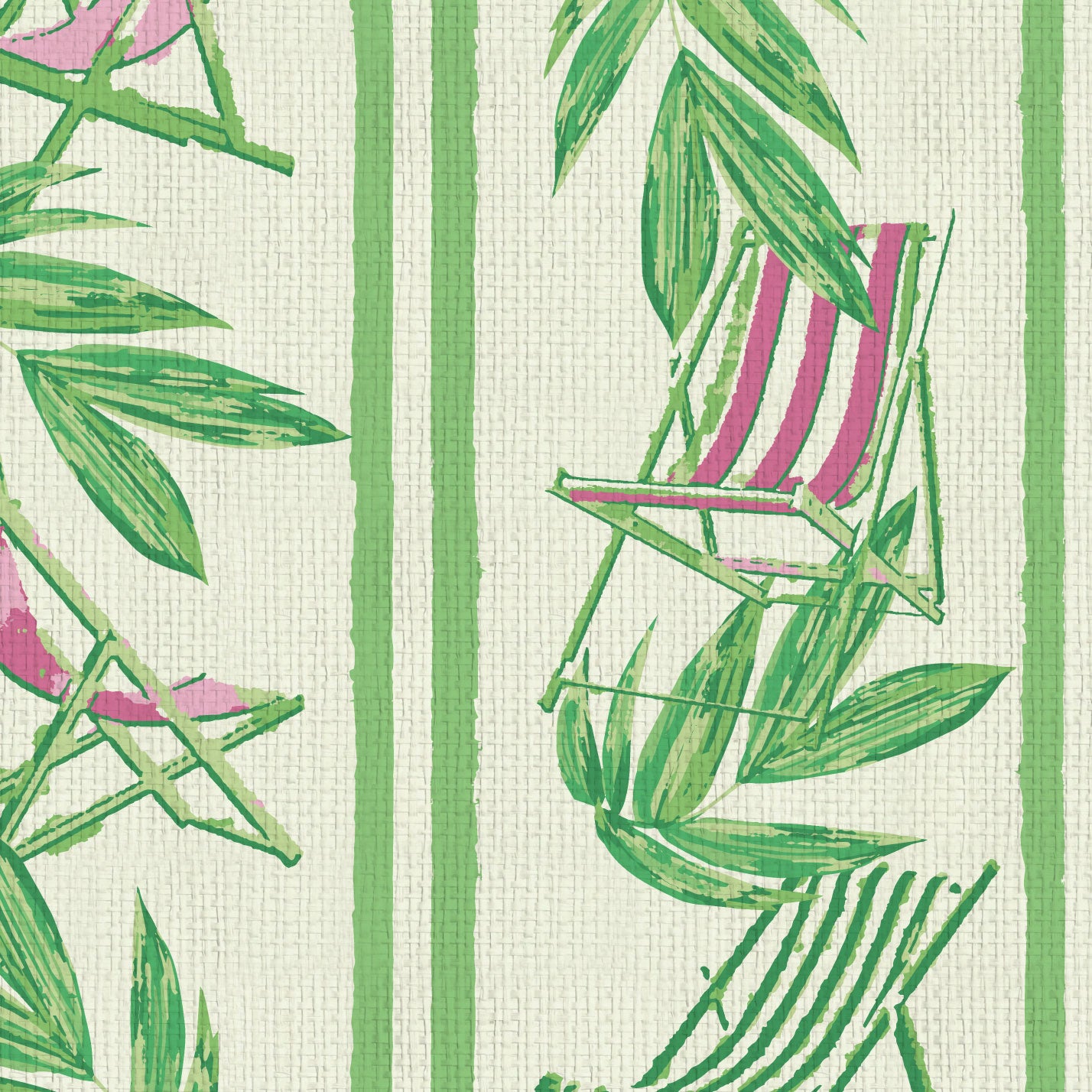 vertical linear paperweave wallpaper print with a beachy design of green leaves and stripes paired with green and pink beach chairs arranged in a vertical oversized stripe paperweave 
Natural Textured Eco-Friendly Non-toxic High-quality  Sustainable practices Sustainability Interior Design Wall covering bold Seaside Coastal Seashore Waterfront Vacation home styling Retreat Relaxed beach vibes Beach cottage Shoreline Oceanfront Nautical paper weave