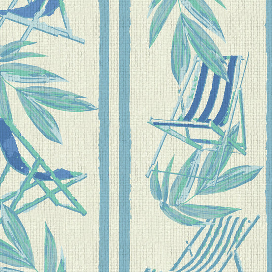 vertical linear grasscloth wallpaper print with a beachy design of blue leaves and stripes paired with shades of blue beach chairs arranged in a vertical oversized stripe Grasscloth Natural Textured Eco-Friendly Non-toxic High-quality Sustainable practices Sustainability Interior Design Wall covering bold Seaside Coastal Seashore Waterfront Vacation home styling Retreat Relaxed beach vibes Beach cottage Shoreline Oceanfront Nautical paperweave paper weave