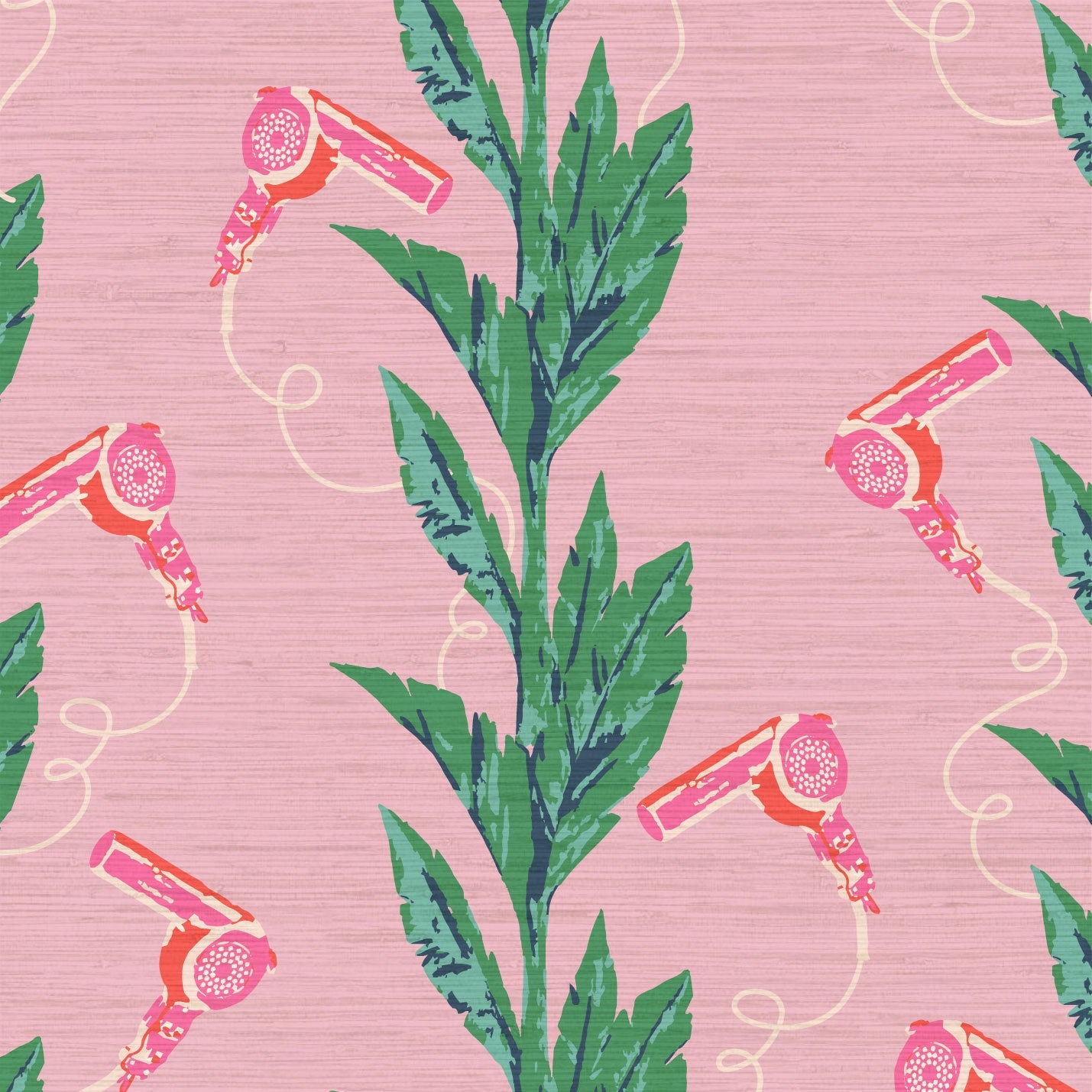 pink based printed grasscloth wallpaper with green leaf vertical stripes paired with pink hair blow dryers popping out of them. 
