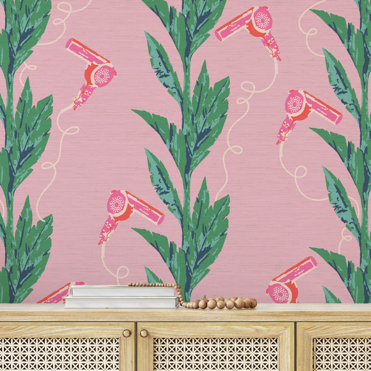 pink based printed grasscloth wallpaper with green leaf vertical stripes paired with pink hair blow dryers popping out of them Grasscloth Natural Textured Eco-Friendly Non-toxic High-quality  Sustainable practices Sustainability Interior Design Wall covering Bold Wallpaper Custom Tailor-made Retro chic Tropical Salon  Beauty Hair Garden jungle